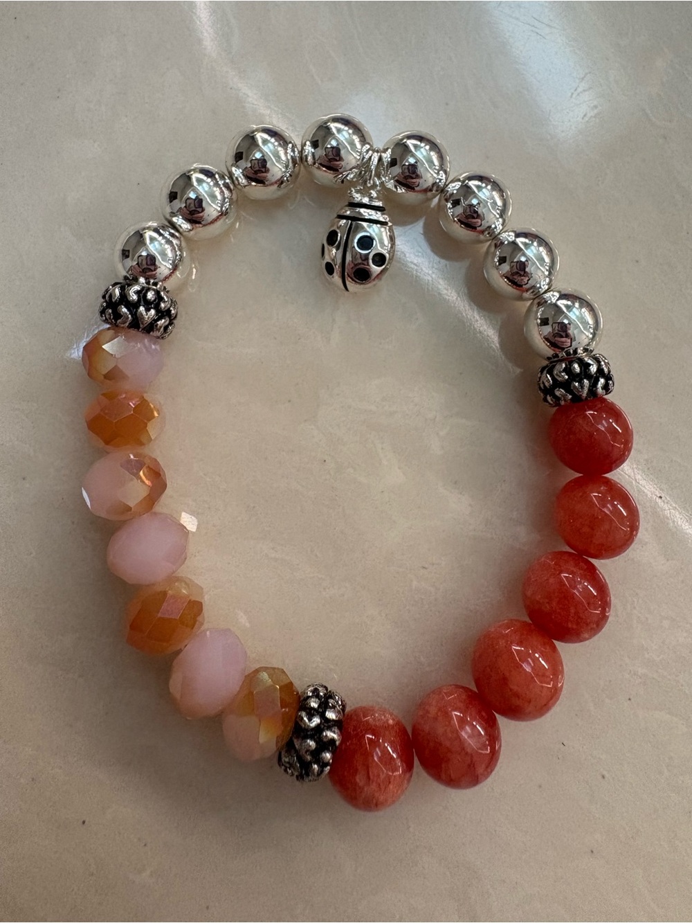 Coral & Blush Beaded Stretch gemstone beaded Bracelet with Silver Accents